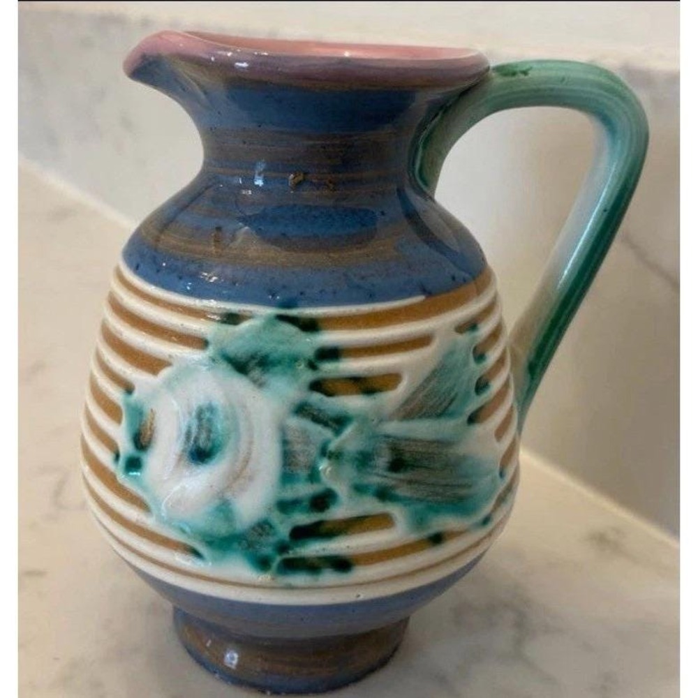 Vintage Italian Small Pitcher/Creamer Handpainted With Fish Signed By Artist EUC